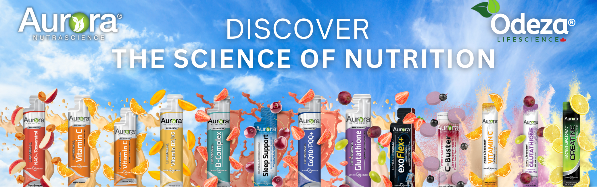 Promotional banner for Aurora and Odeza with various supplement bottles against a blue sky background.