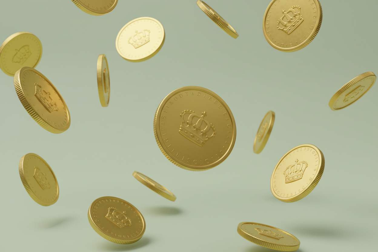coins falling with a neutral light green background. the coins are gold